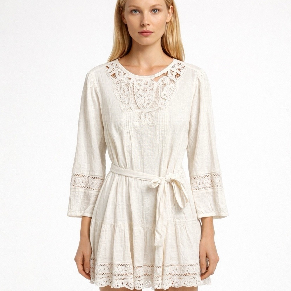 Lauren Ralph Lauren Lace-Trim Belted Cotton Voile Dress Cream Women 's Size 10